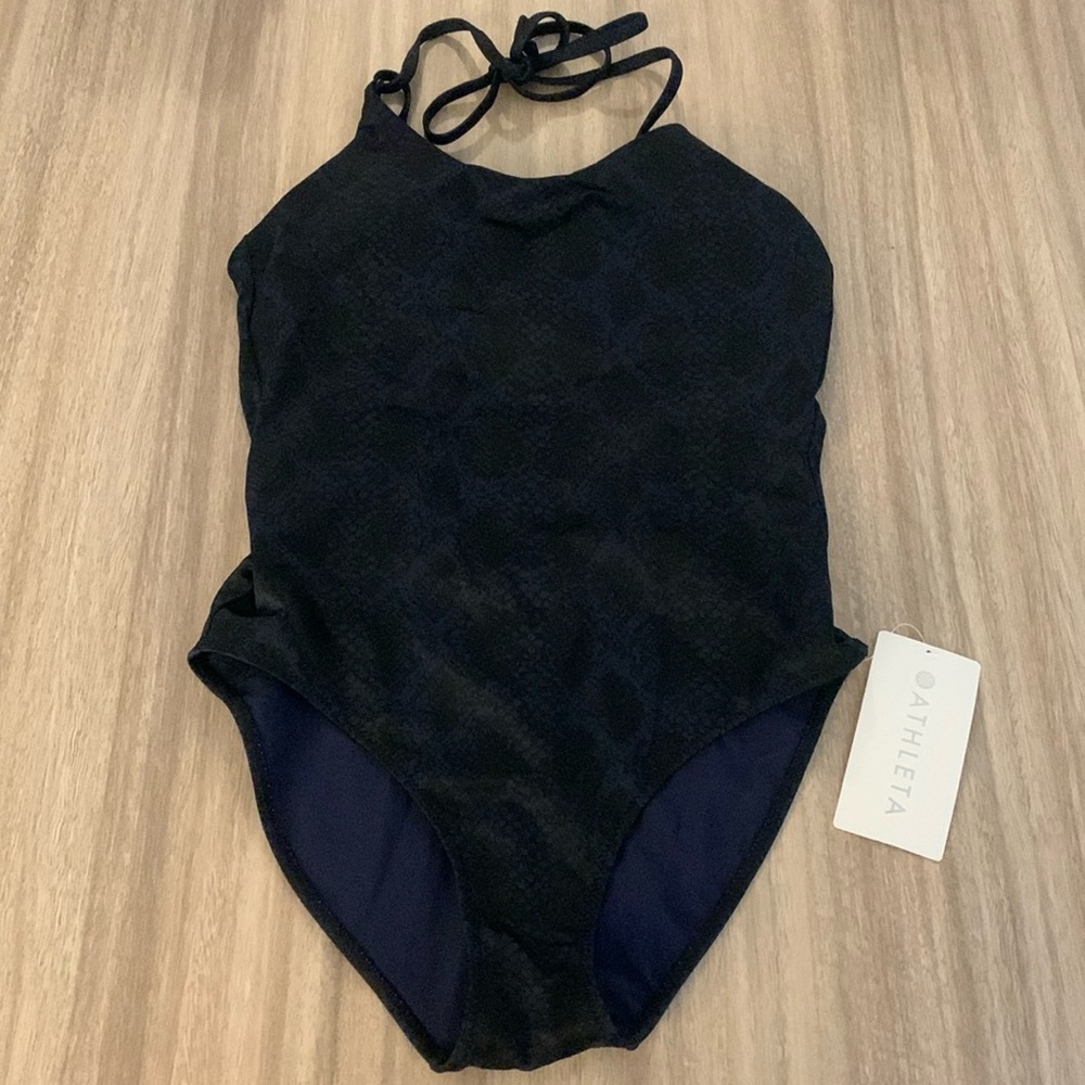NWT Athleta Snake Keyhole One Piece Bathing Suit Blue Black Size Small